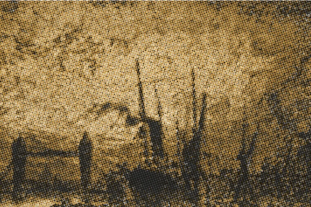 Illustration: Joseph Pennell, Tower Bridge, Evening, 1905, NGA 32859, from a period photograph (1905), redrawn as a ochre riso plate.