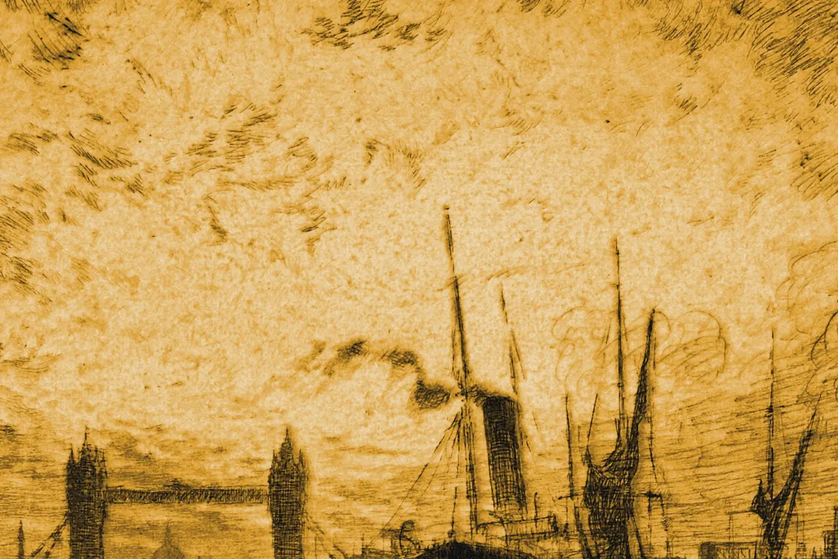 Illustration: Joseph Pennell, Tower Bridge, Evening, 1905, NGA 32859, from a period photograph (1905), redrawn as a ochre blue pencil duotone.
