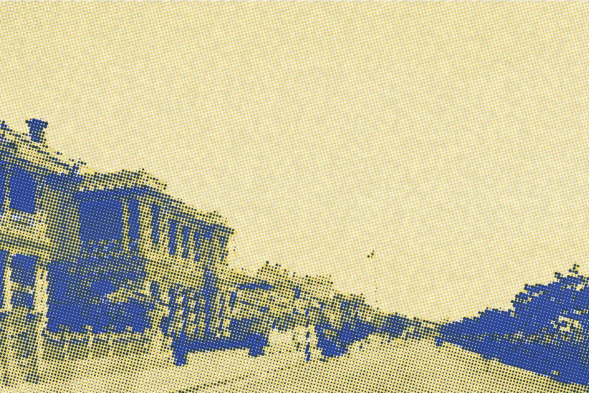 Illustration: Kobe Bund 1979.94.6P01B, from a nineteenth-century photograph (1885), redrawn as a yellow riso plate.