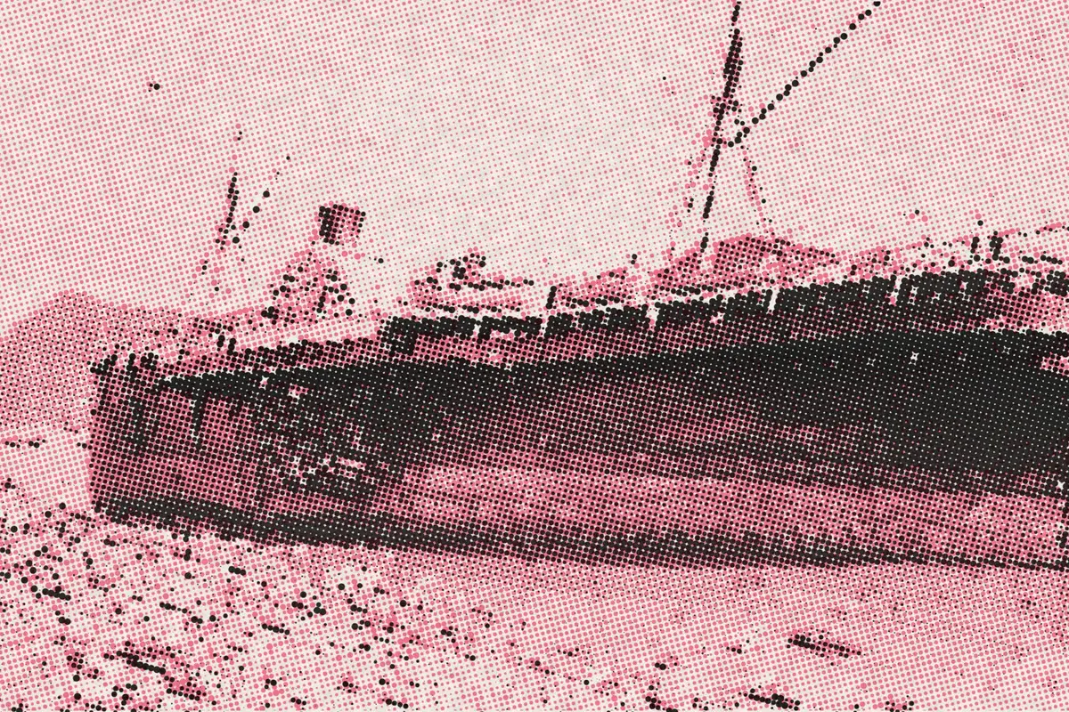 Illustration: Lai Afong, stranded paddleship Alaska, September 1874, from a nineteenth-century photograph (1874), redrawn as a coral riso plate.
