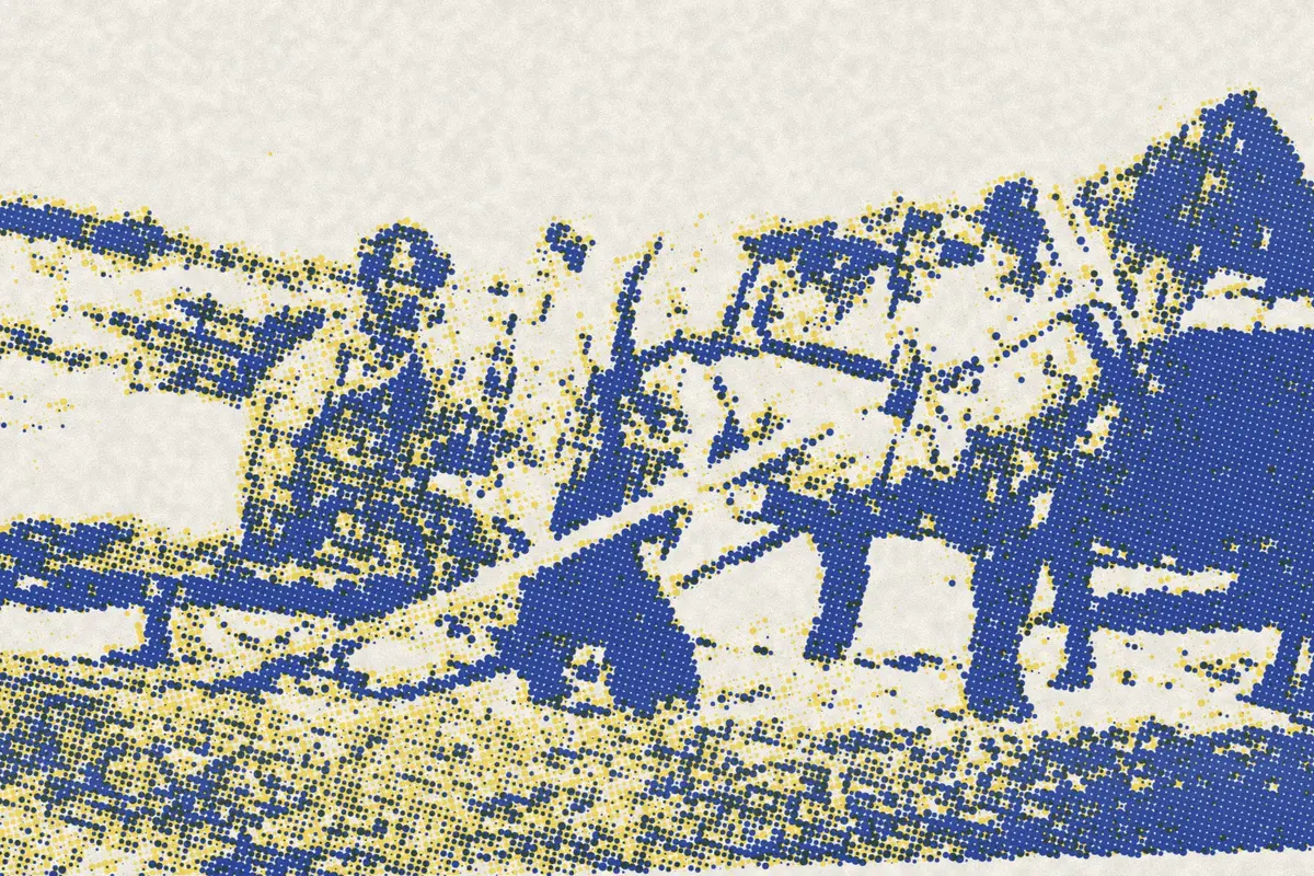 Illustration: Manchu farmer & horse sledge in Manchu Wedge 01, from a period photograph (1900), redrawn as a yellow riso plate.