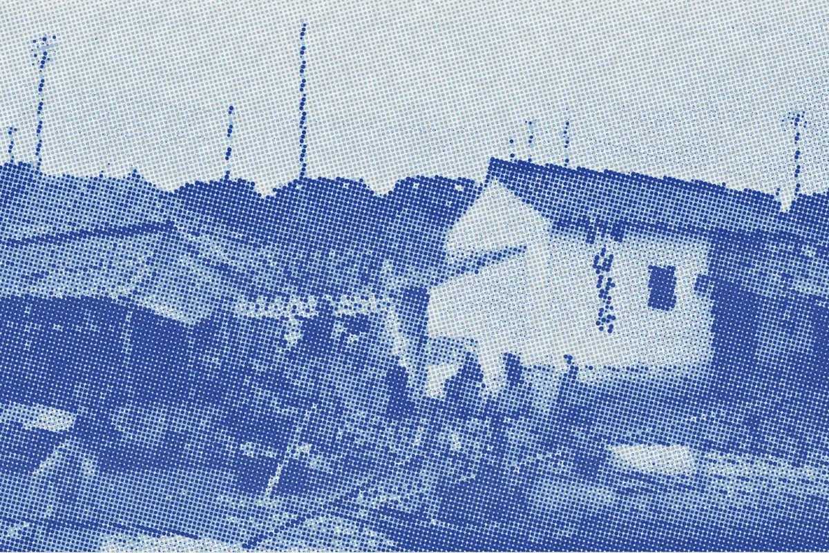 Illustration: Moat around Soochow, by Harold Stephen Bucklin, c. 1923-1924, from the Digital Commonwealth - commonwealth 3b594344x, from a period photograph (1923), redrawn as a sky blue riso plate.