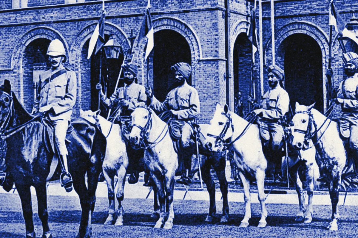Illustration: Mounted Sikh soldiers, Louza Road police station, Shanghai, ca.1907, from a period photograph (1907), redrawn as a blue blue pencil duotone.