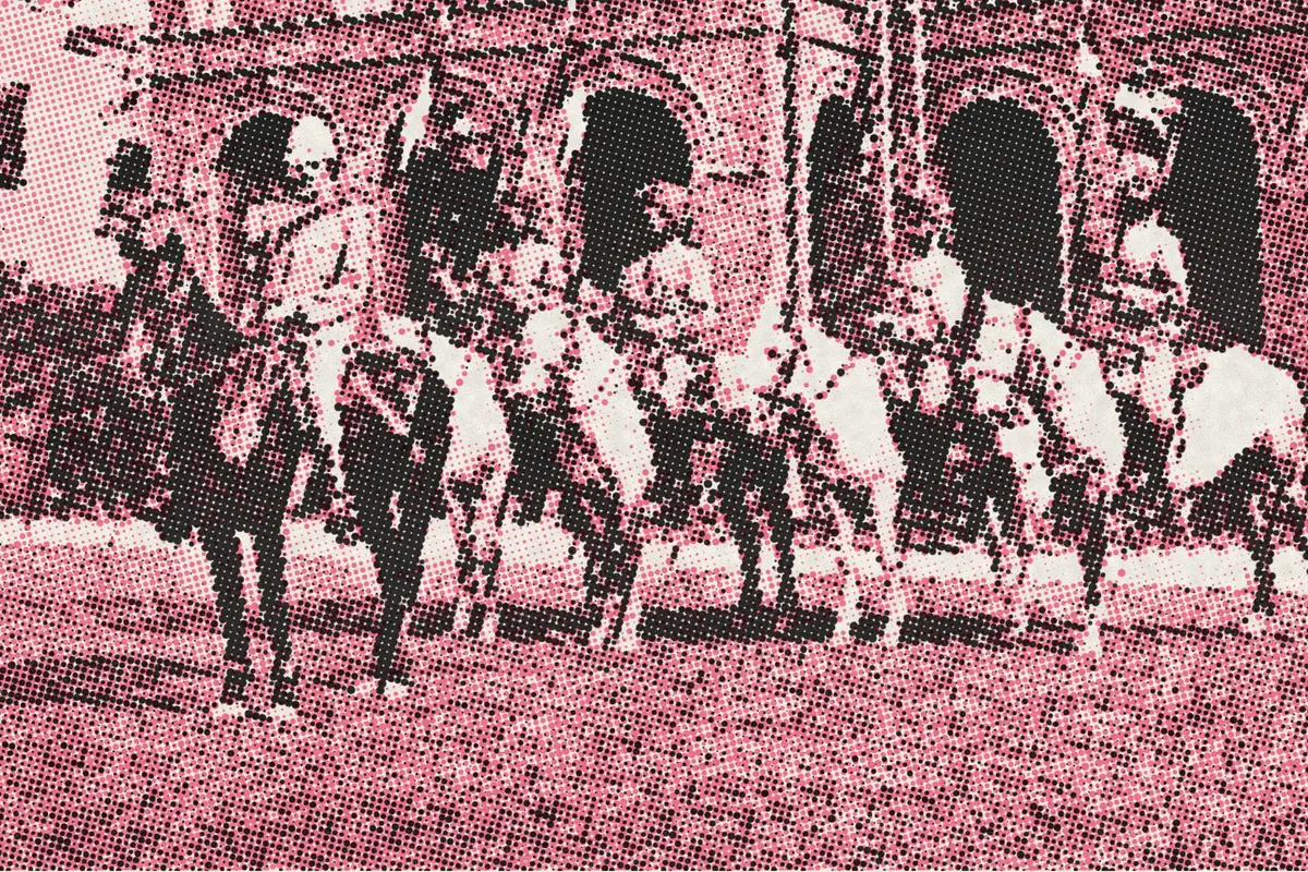 Illustration: Mounted Sikh soldiers, Louza Road police station, Shanghai, ca.1907, from a period photograph (1907), redrawn as a coral riso plate.