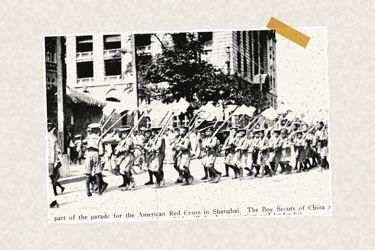 Illustration: New life currents in China, from a period photograph (1919), redrawn as a photocopied cutting.