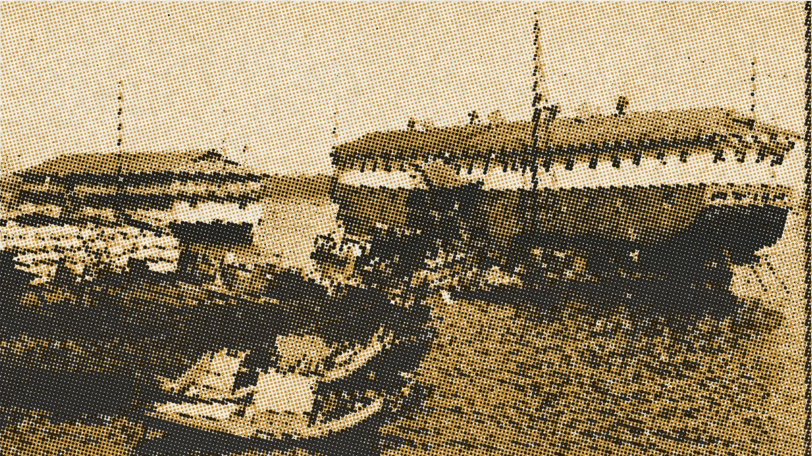 Illustration: Opium hulks in Shanghai Harbour, from a period photograph (1901), redrawn as a ochre riso plate.