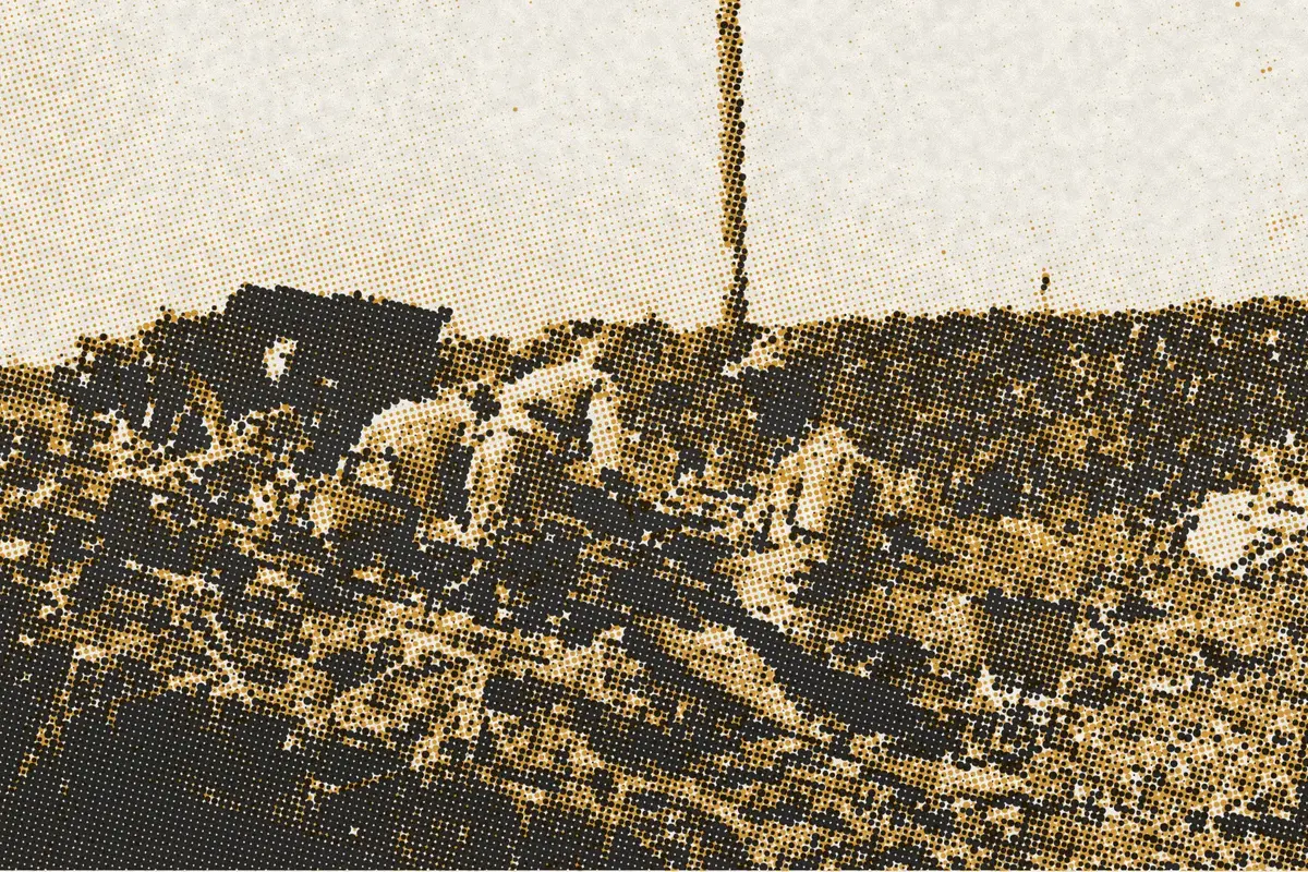 Illustration: Opstanden, revolutie, SFA022823308, from a period photograph (1924), redrawn as a ochre riso plate.
