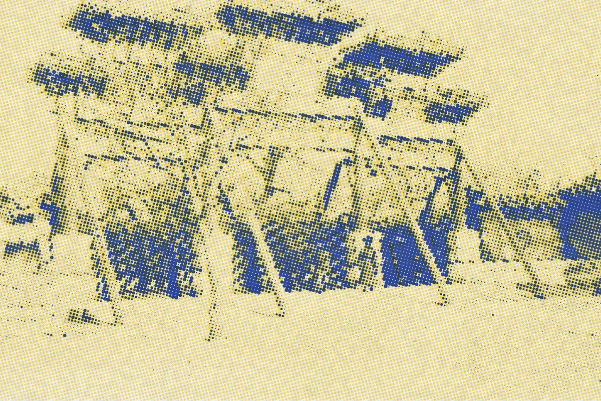 Illustration: Peking, gate of Lama temple LCCN2006689694, from a period photograph (1900), redrawn as a yellow riso plate.