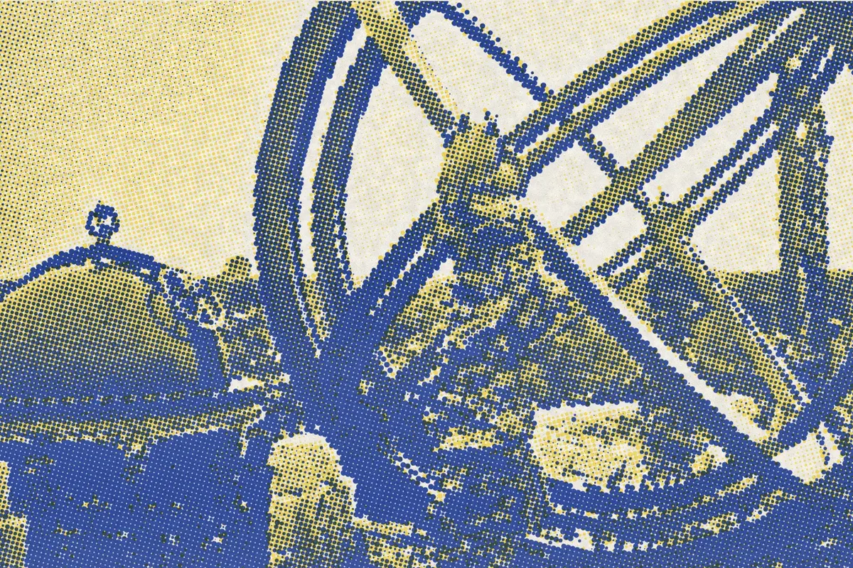 Illustration: Peking Observatory 1, from a nineteenth-century photograph (1898), redrawn as a yellow riso plate.
