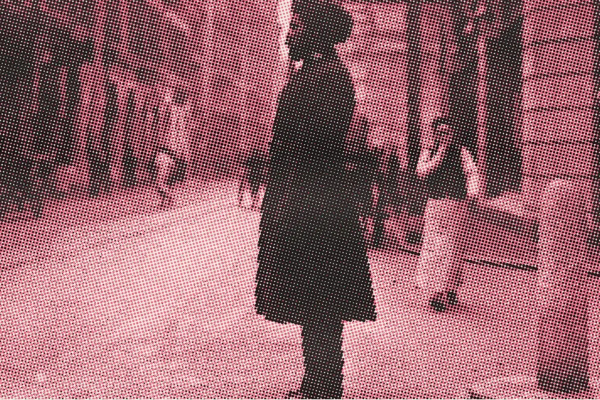 Illustration: Photograph of a Sikh policeman on an intersection of Nanking Road in Shanghai, China, ca.1917, from a period photograph (1917), redrawn as a coral riso plate.