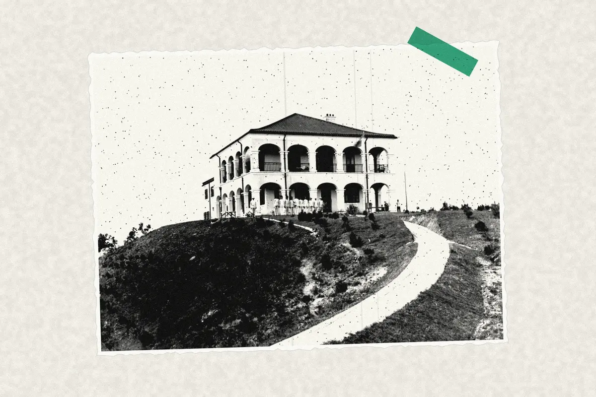 Illustration: Ping Shan police station, New Territories, Hong Kong, ca.1901, from a period photograph (1901), redrawn as a photocopied cutting.