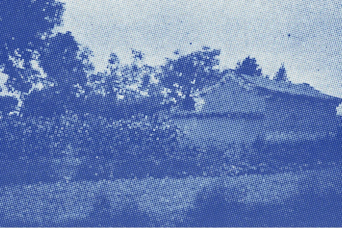 Illustration: Probablement aux environs ouest de Beijing - A68577X, from a period photograph (1912), redrawn as a sky blue riso plate.