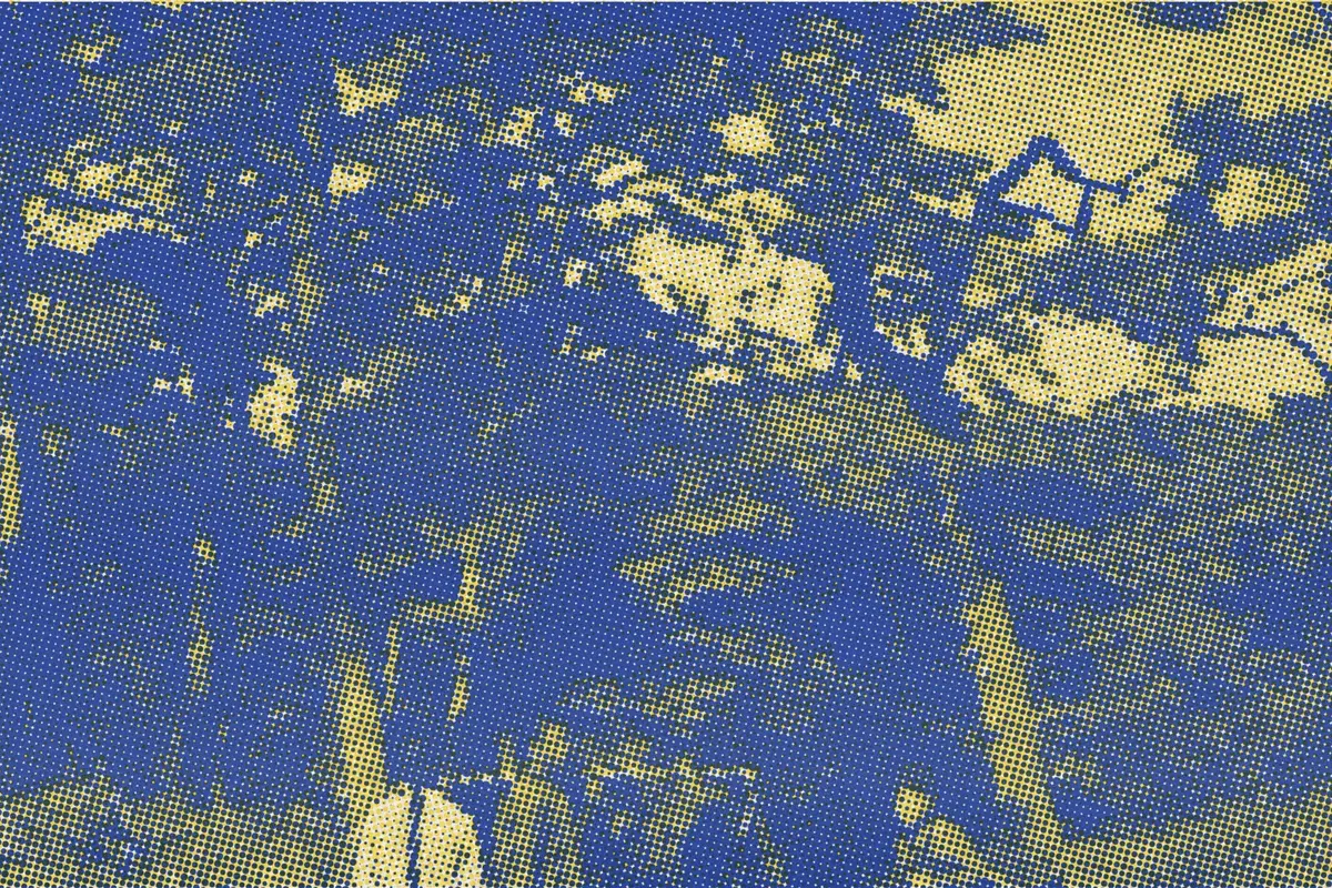 Illustration: Probablement aux environs ouest de Beijing - A68578X, from a period photograph (1912), redrawn as a yellow riso plate.
