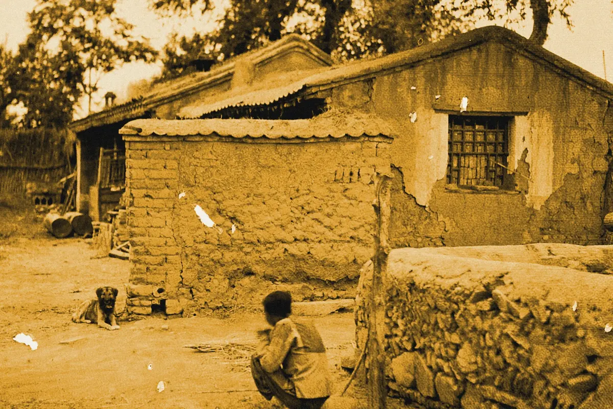 Illustration: Probablement aux environs ouest de Beijing - A68602X, from a period photograph (1912), redrawn as a ochre blue pencil duotone.