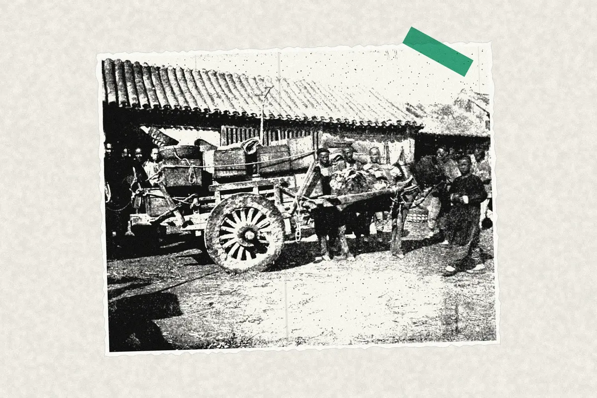 Illustration: PSM V65 D315 Fruit cart from the hill country in pekin china, from a nineteenth-century photograph (1885), redrawn as a photocopied cutting.