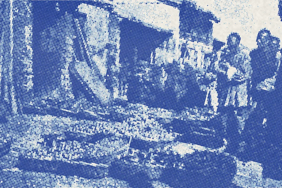 Illustration: PSM V65 D317 Fruit market street in pekin china, from a nineteenth-century photograph (1885), redrawn as a sky blue riso plate.