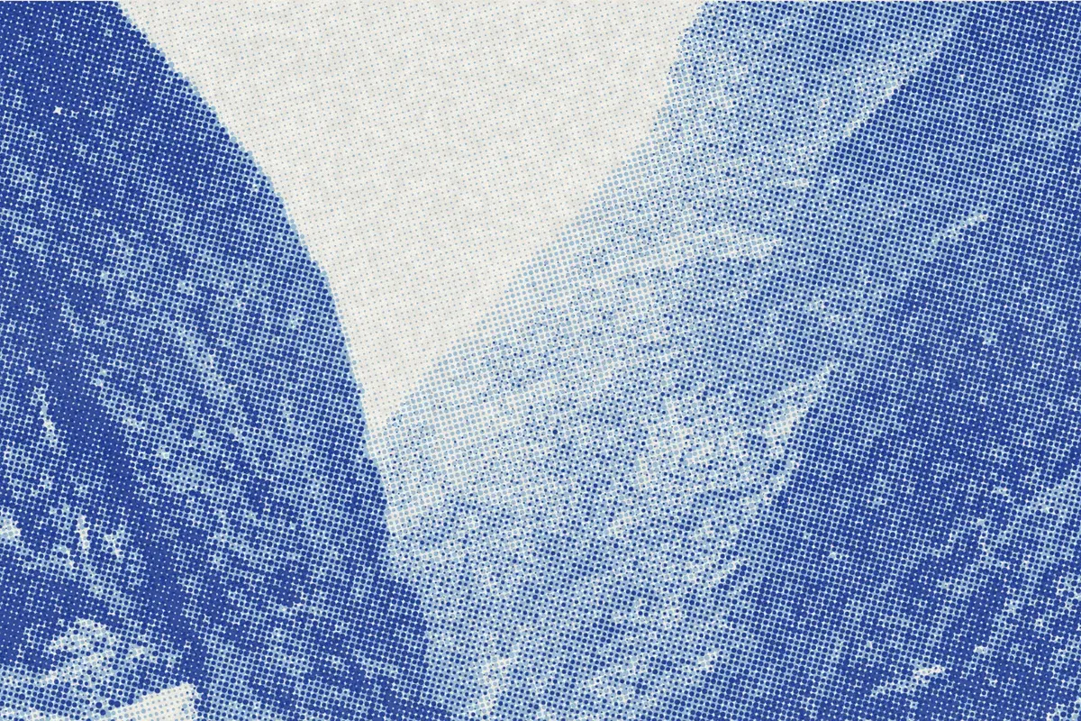Illustration: PSM V82 D123 River skiffs in a limestone gorge of the central ranges, from a period photograph (1905), redrawn as a sky blue riso plate.