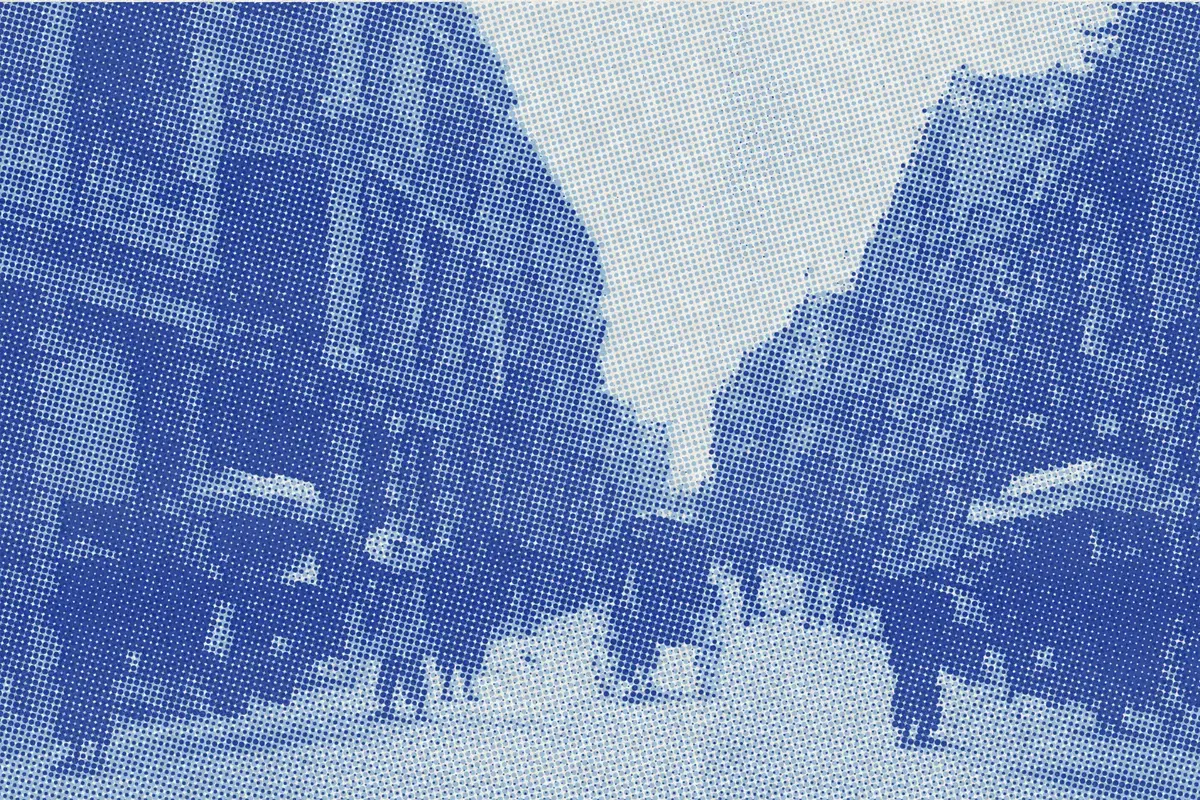 Illustration: Queens Road, Hong Kong - DPLA - 988e9eb5645ac79e79c8805d4cc15239, from a nineteenth-century photograph (1895), redrawn as a sky blue riso plate.