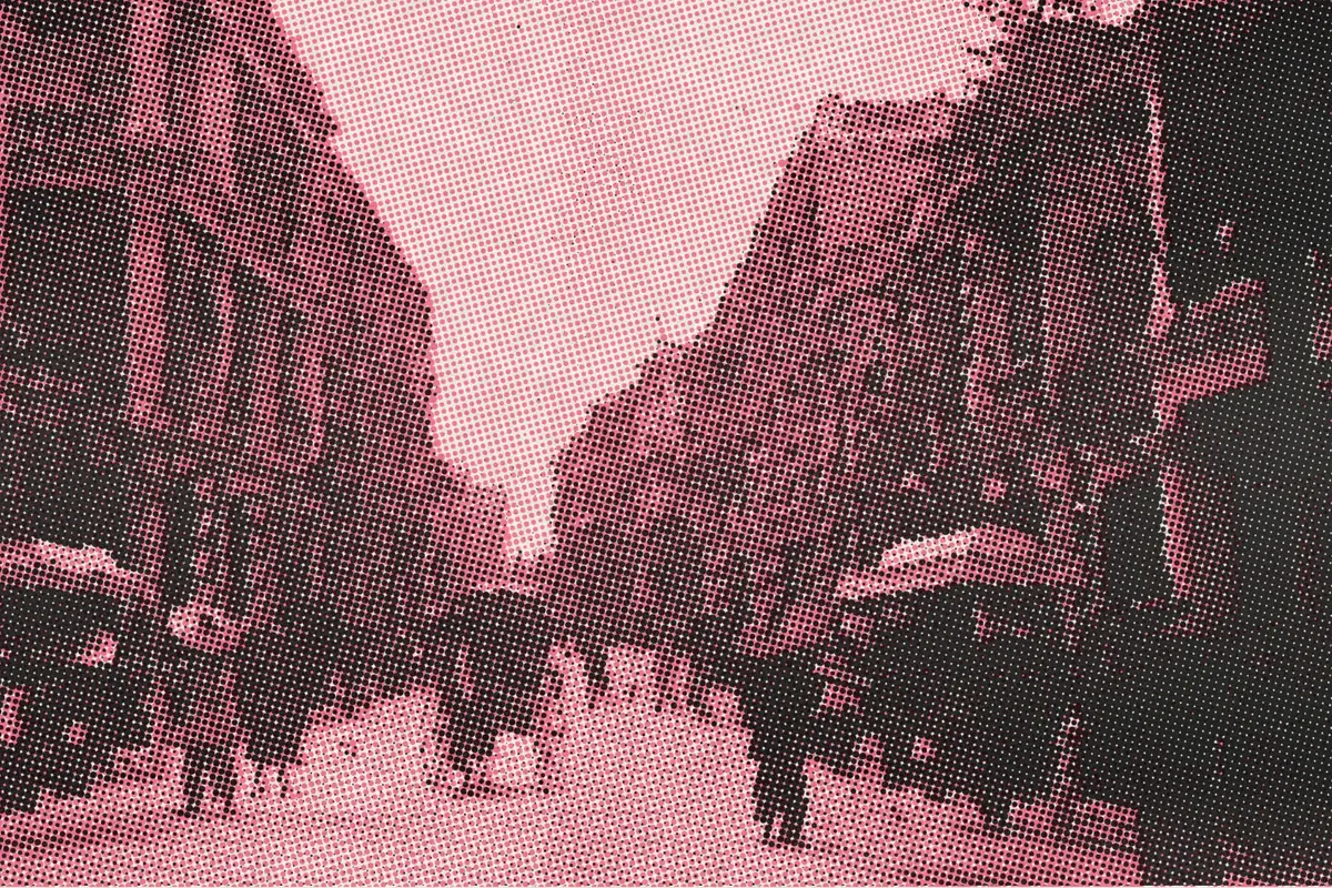 Illustration: Queens Road, Hong Kong - DPLA - 988e9eb5645ac79e79c8805d4cc15239, from a nineteenth-century photograph (1895), redrawn as a coral riso plate.