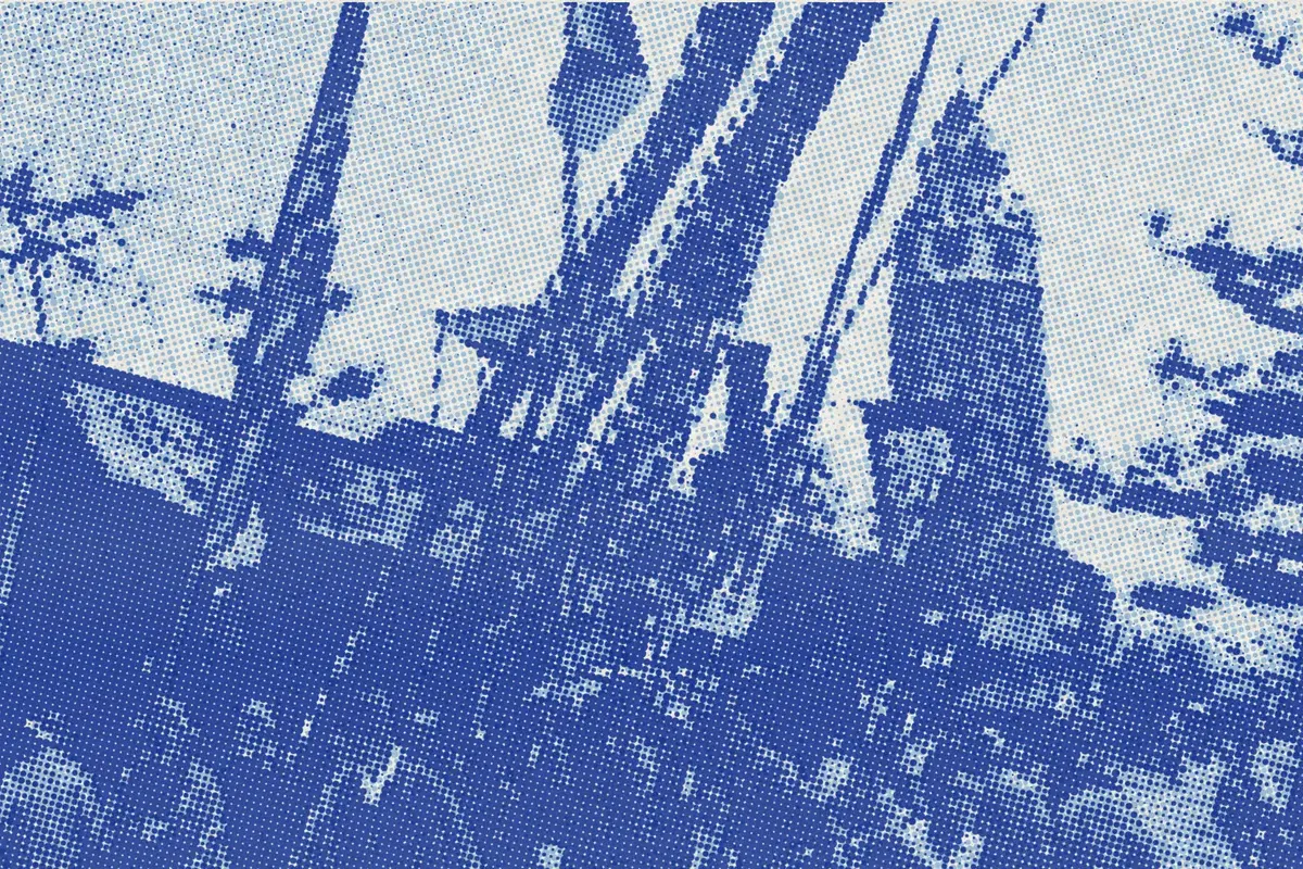 Illustration: Refreshment stall in Tokyo. Before 1902, from a period photograph (1902), redrawn as a sky blue riso plate.
