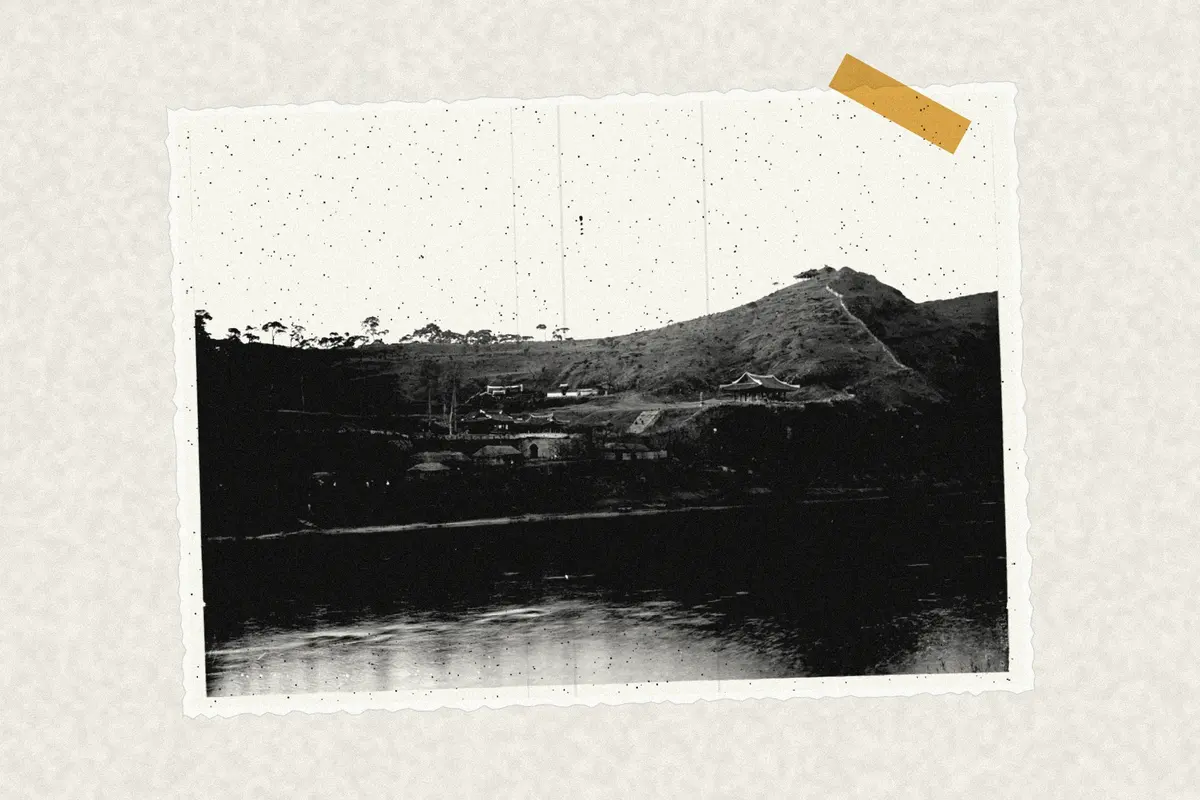 Illustration: (Riverside landscape), from a period photograph (1904), redrawn as a photocopied cutting.