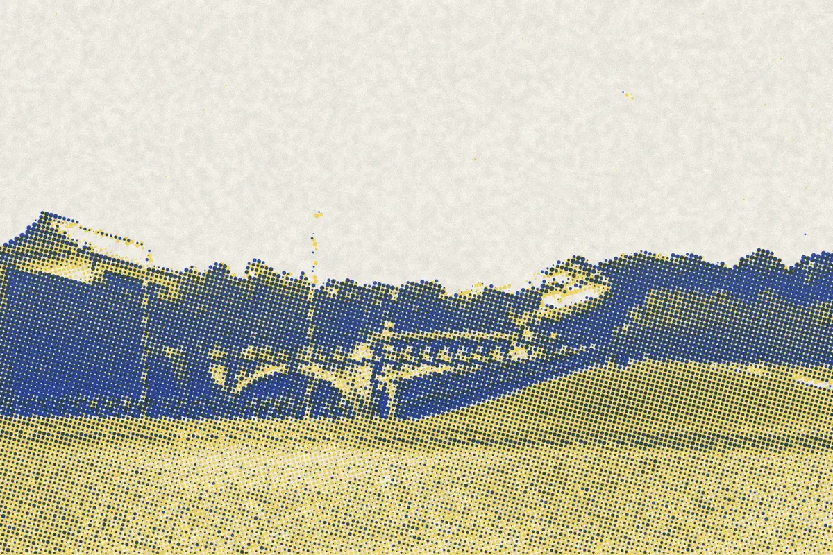 Illustration: Road, sidewalk, pavement; stone walls and bridge, lamp standards; buildings and trees in background., from a period photograph (1915), redrawn as a yellow riso plate.