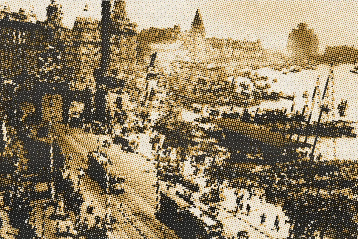 Illustration: Shanghai Bund seen from the French Concession, from a period photograph (1925), redrawn as a ochre riso plate.