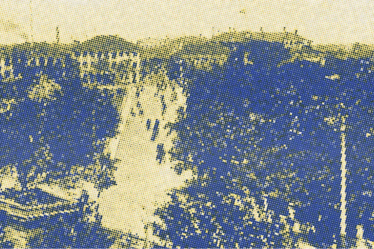 Illustration: Shanghai Most ~ 1898., from a nineteenth-century photograph (1898), redrawn as a yellow riso plate.