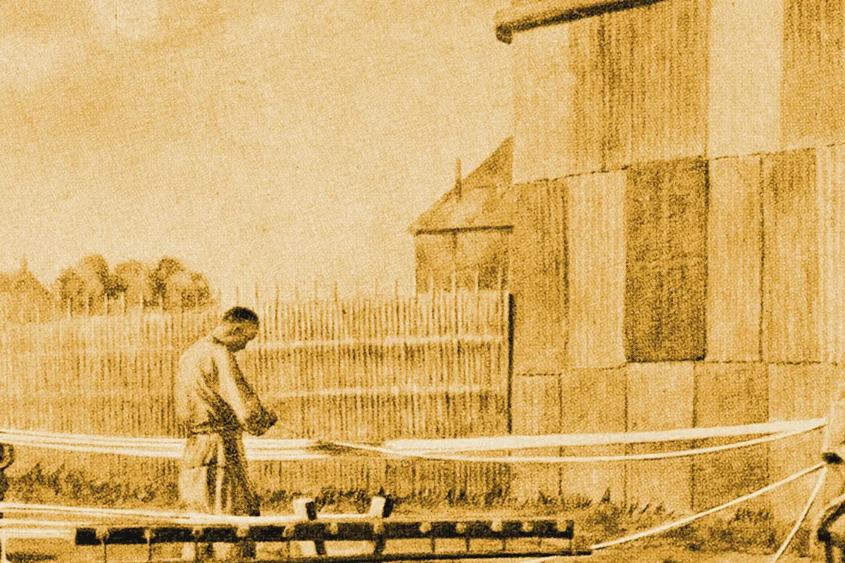 Illustration: Shanghai. Native method of manufacturing cotton cloth, from a period photograph (1908), redrawn as a ochre blue pencil duotone.