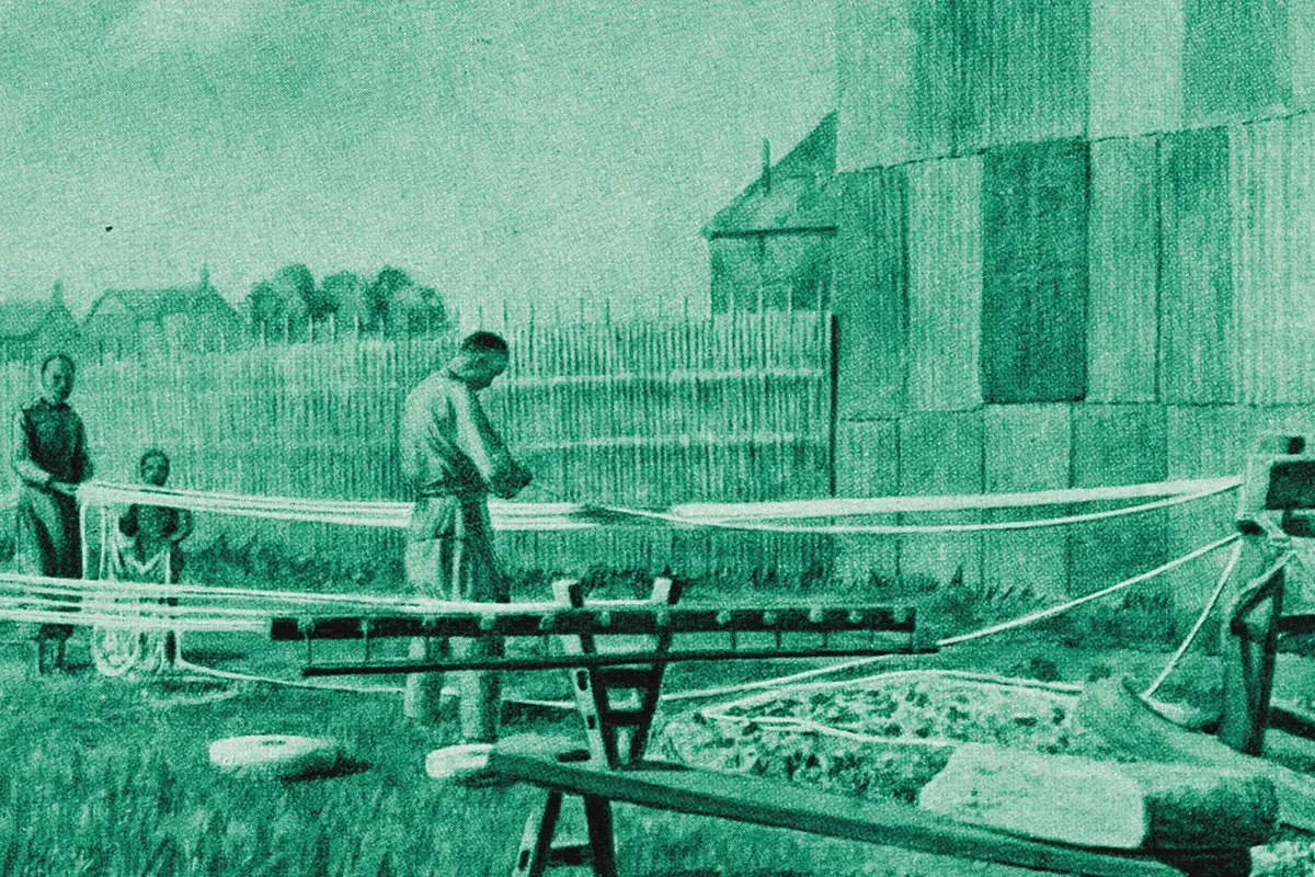 Illustration: Shanghai. Native method of manufacturing cotton cloth, from a period photograph (1908), redrawn as a jade blue pencil duotone.