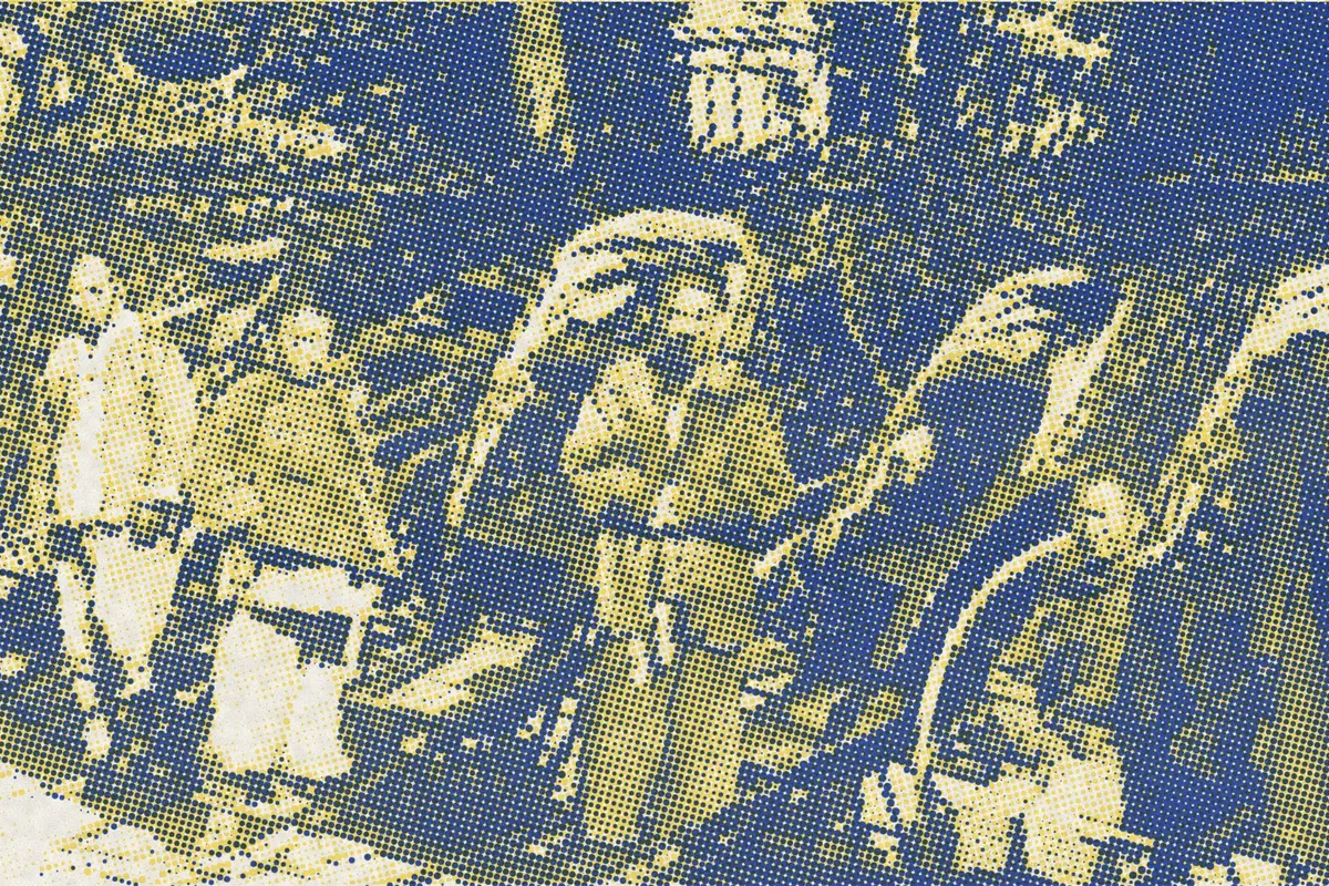 Illustration: Sikh policeman and rickshaw pullers, Shanghai, China, ca.1880–1912, from a nineteenth-century photograph (1880), redrawn as a yellow riso plate.