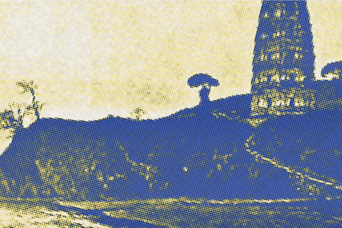 Illustration: Six Harmonies ca 1891, from a nineteenth-century photograph (1891), redrawn as a yellow riso plate.