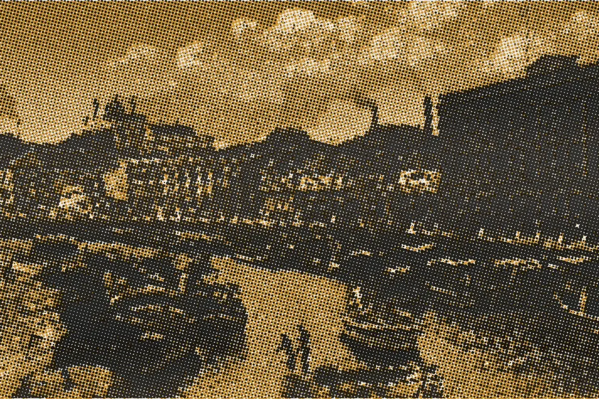 Illustration: Soochow Creek, Shanghai, from a period photograph (1907), redrawn as a ochre riso plate.