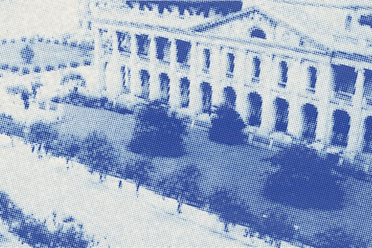 Illustration: Statue Square Circa 1910 IMG 5787, from a period photograph (1910), redrawn as a sky blue riso plate.