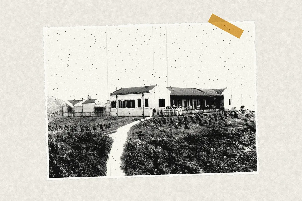 Illustration: Tai Po police station, New Territories, Hong Kong, ca.1901, from a period photograph (1901), redrawn as a photocopied cutting.