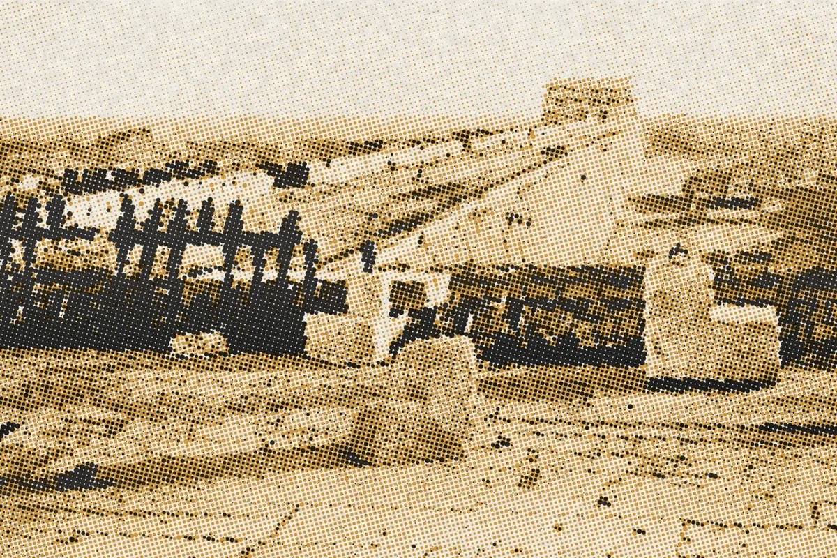 Illustration: Tartar Wall, Location of Astronomical Observatory, from a period photograph (1901), redrawn as a ochre riso plate.