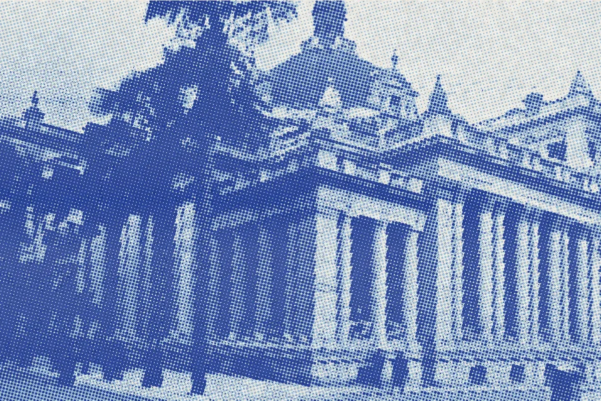 Illustration: Tcitp d123 hongkong and shanghai bank, from a period photograph (1908), redrawn as a sky blue riso plate.