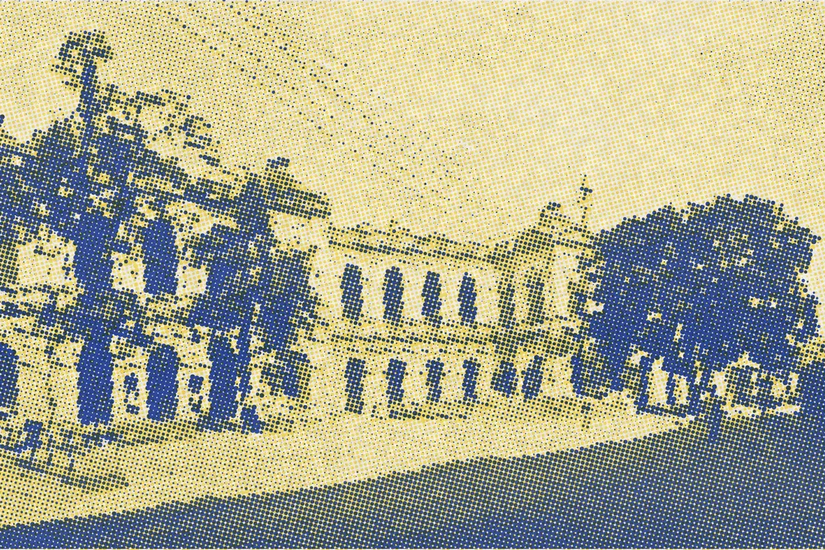 Illustration: Tcitp d169 the city hall, from a period photograph (1908), redrawn as a yellow riso plate.