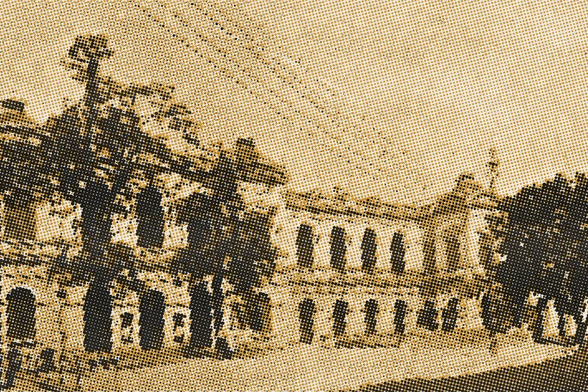 Illustration: Tcitp d169 the city hall, from a period photograph (1908), redrawn as a ochre riso plate.