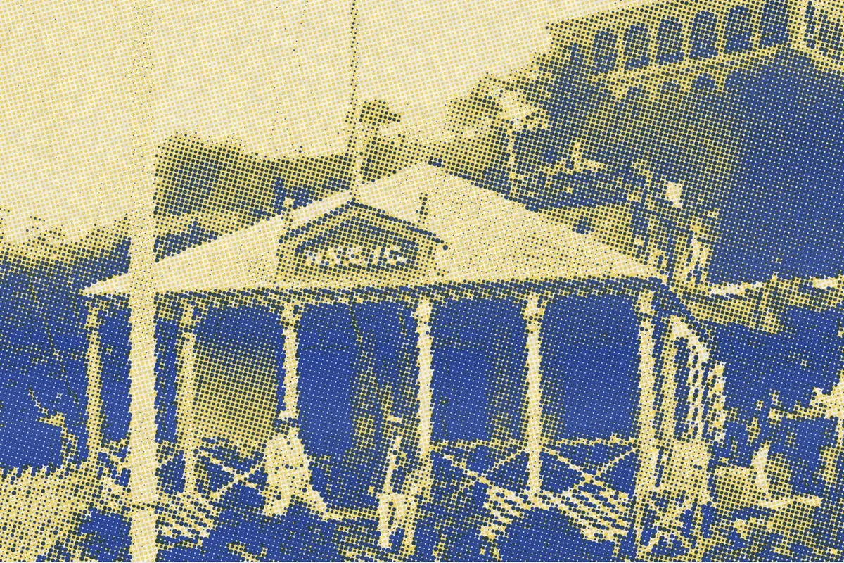 Illustration: Tcitp d263 hong kong corinthian yacht club, from a period photograph (1908), redrawn as a yellow riso plate.