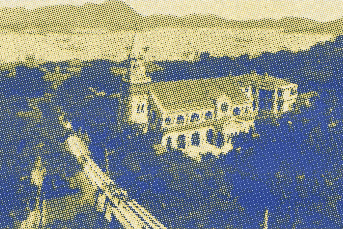 Illustration: Tcitp d344 union church of hong kong, from a period photograph (1908), redrawn as a yellow riso plate.