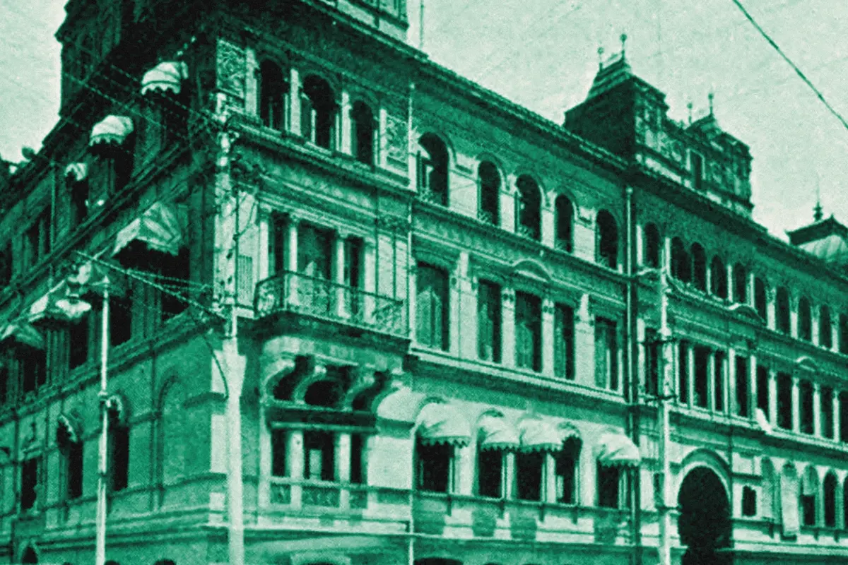 Illustration: Tcitp d419 central police and fire station, from a period photograph (1908), redrawn as a jade blue pencil duotone.
