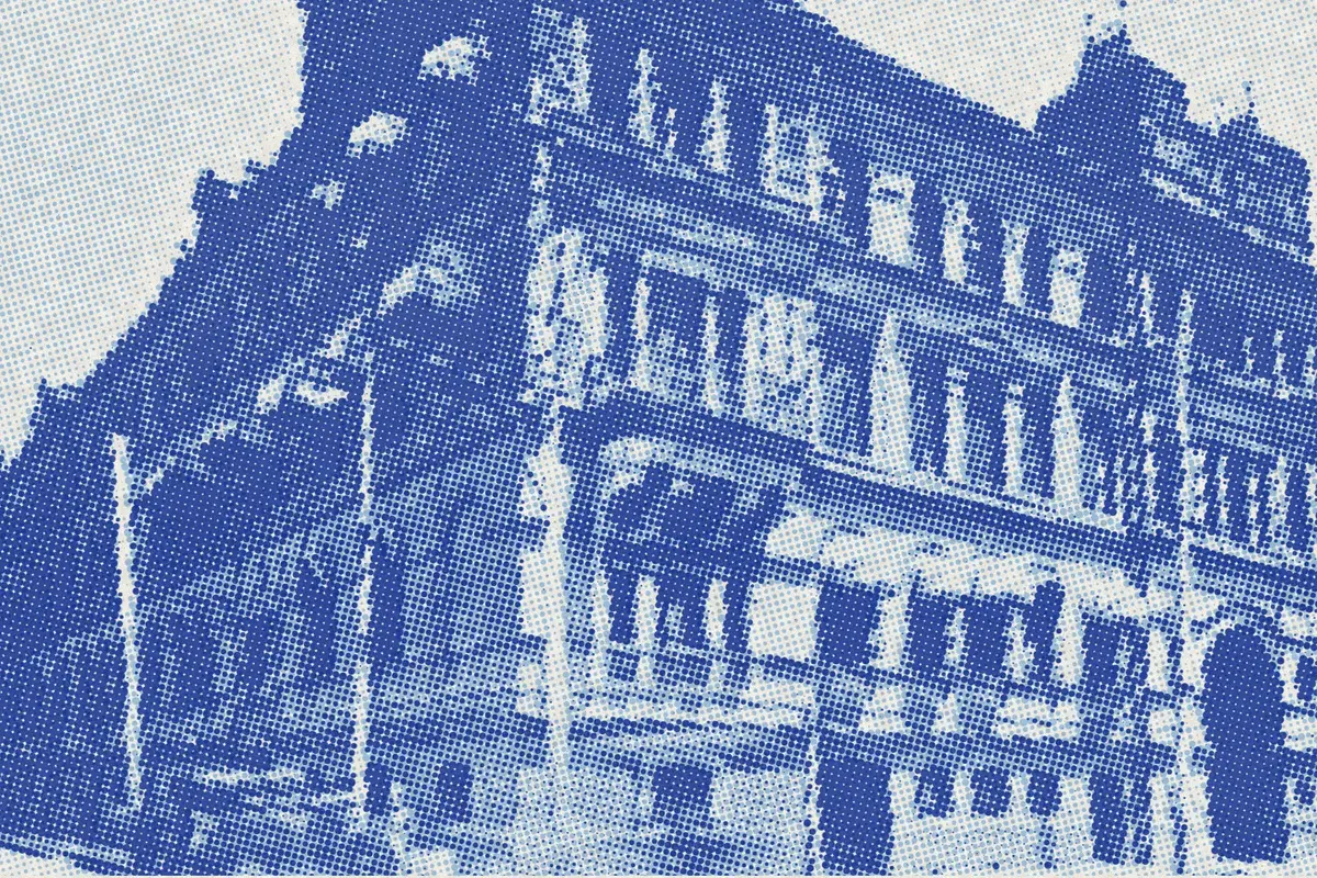 Illustration: Tcitp d419 central police and fire station, from a period photograph (1908), redrawn as a sky blue riso plate.