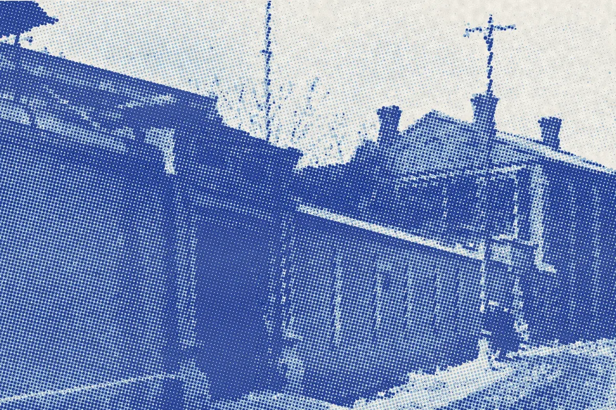 Illustration: Tcitp d757 telge & schroeter commercial operations in tientsin, from a period photograph (1908), redrawn as a sky blue riso plate.