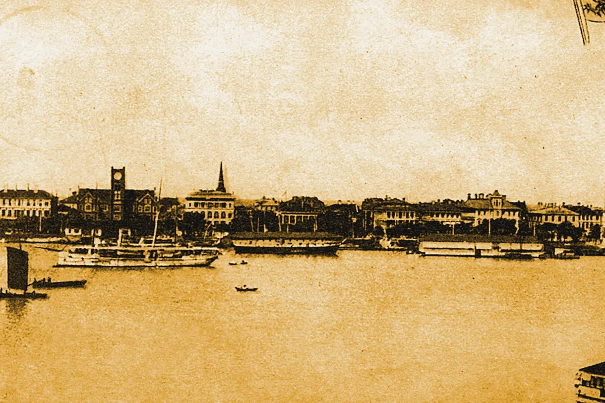 Illustration: The Band With Chinese Custom House And Tower, from a period photograph (1911), redrawn as a ochre blue pencil duotone.