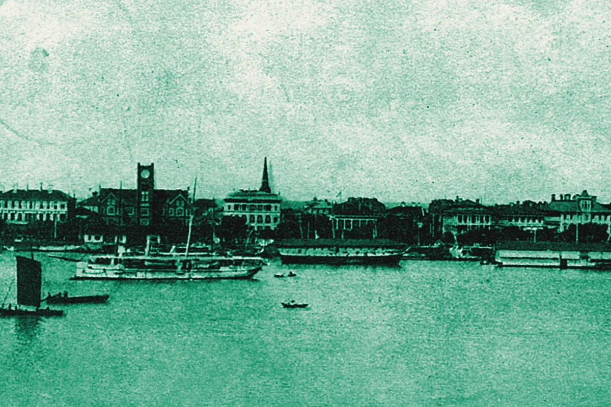 Illustration: The Band With Chinese Custom House And Tower, from a period photograph (1911), redrawn as a jade blue pencil duotone.