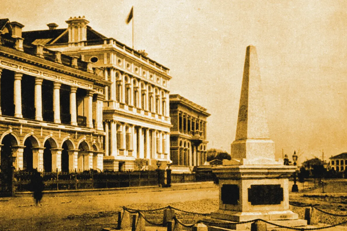 Illustration: The style of buildings at the southern extremity of the Bund, from a nineteenth-century photograph (1898), redrawn as a ochre blue pencil duotone.