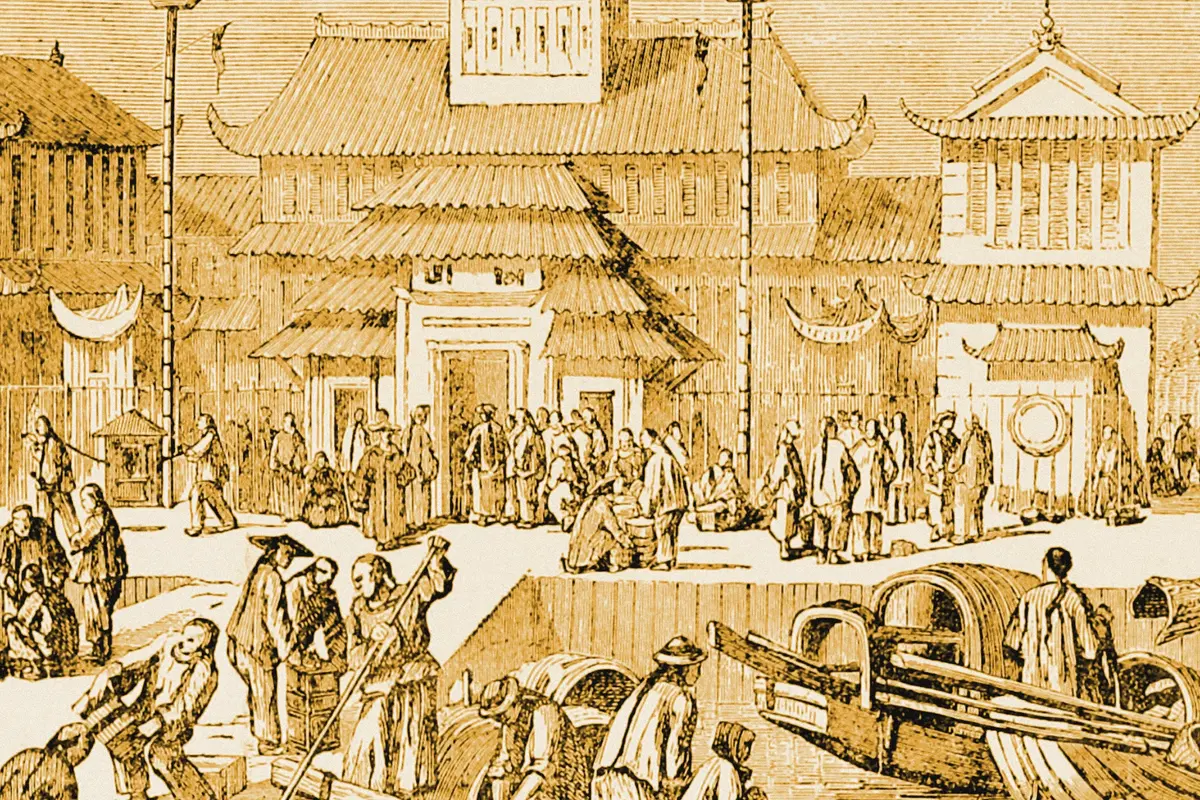 Illustration: The world- historical and actual, from a nineteenth-century photograph (1886), redrawn as a ochre blue pencil duotone.