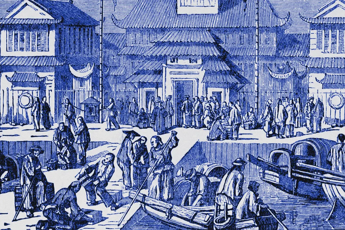 Illustration: The world- historical and actual, from a nineteenth-century photograph (1886), redrawn as a blue blue pencil duotone.