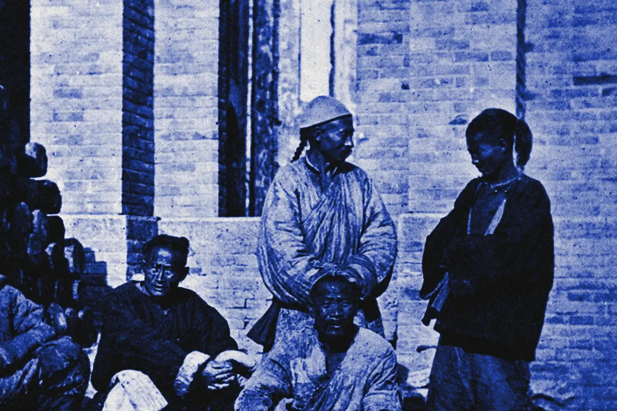 Illustration: Tien-tsin labourers, from a nineteenth-century photograph (1898), redrawn as a blue blue pencil duotone.
